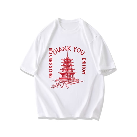 Black T Shirt Thank You Enlion Pagoda Design For Casual Wear