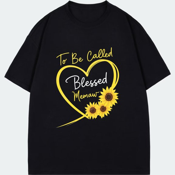 Black T Shirt To Be Called Blessed Memaw Heart Sunflower Print For Grandmother Gift Family Reunion Birthday Celebration