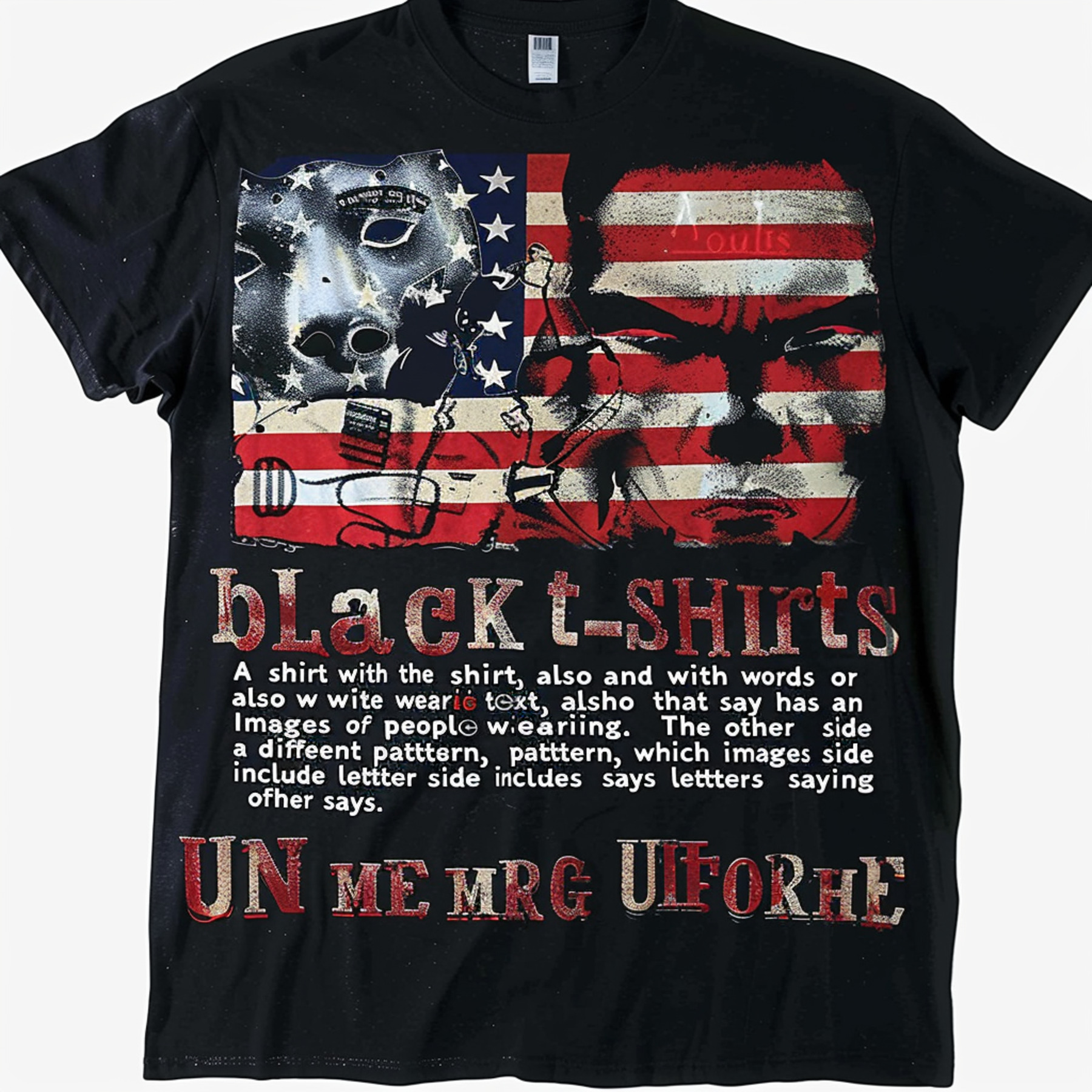 Black T Shirt: 'UN ' & 'UM' American flag design with 'official' 'unv公正 ...