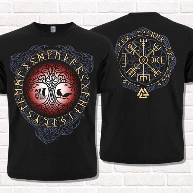 Black TShirt Vegvisir, Runic Compass. Viking style. Asatru. Yggdrasil