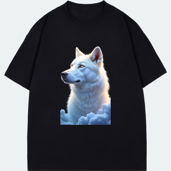 Black T Shirt White Wolf On Clouds Print Casual Wear For Men And Women Outdoor Adventure Style