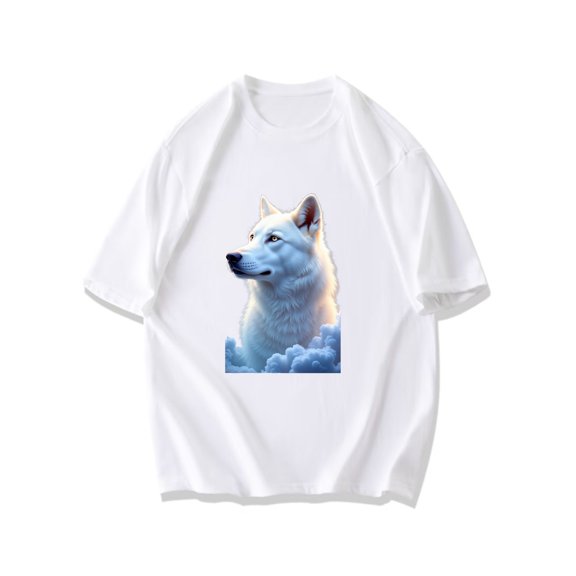 Black T Shirt White Wolf On Clouds Print Casual Wear For Men And Women Outdoor Adventure Style