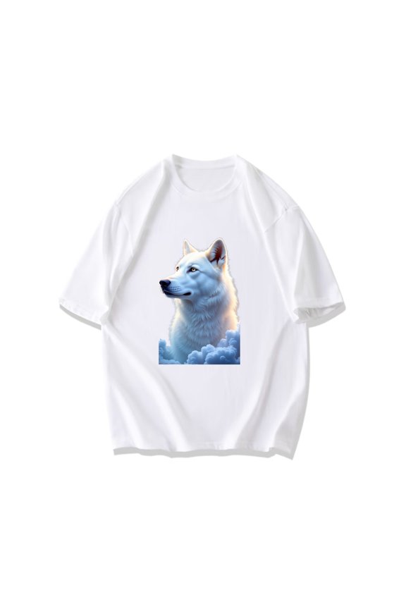 Black T Shirt White Wolf On Clouds Print Casual Wear For Men And Women Outdoor Adventure Style