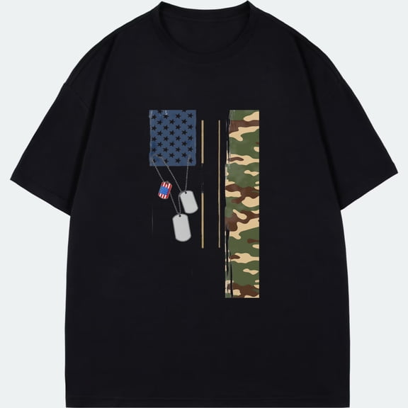 Black T Shirt With American Flag And Camouflage Print For Casual Wear