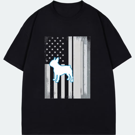 Black T Shirt With American Flag And Dog Silhouette Design For Casual Wear