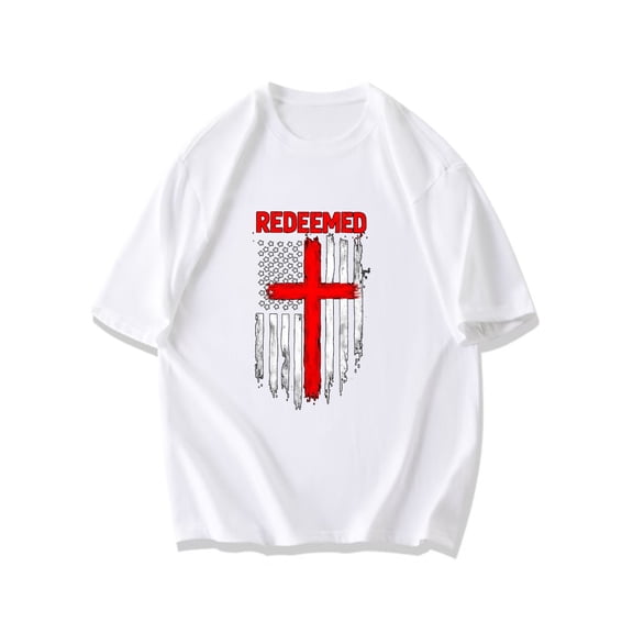 Black T Shirt With American Flag And Red Cross Design Redeemed Text For Religious Events And Casual Wear