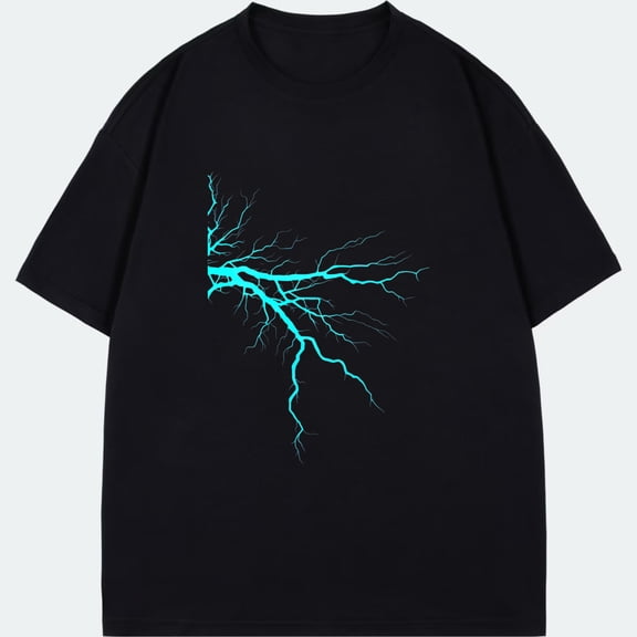Black T Shirt With Blue Lightning Bolt Print For Casual Wear