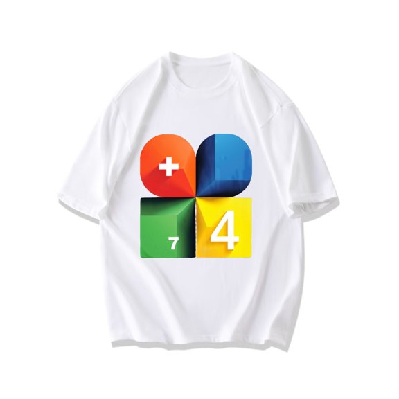 Black T Shirt With Colorful Geometric Shapes Plus Sign Numbers Seven And Four Graphic Print For Casual Wear