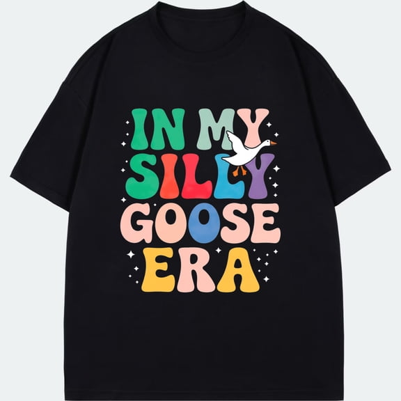 Black T Shirt With Colorful In My Silly Goose Era Text And Duck Graphic For Casual Wear