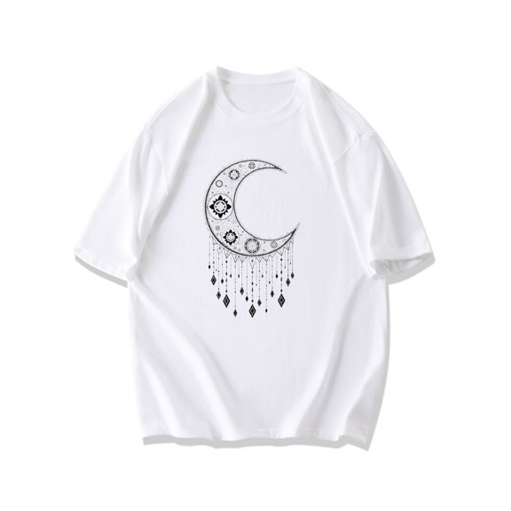 Black T Shirt With Crescent Moon Mandala And Hanging Gems Design For Casual Wear