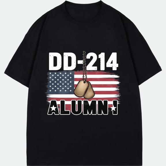 Black T Shirt With Dd 214 Alumni American Flag And Dog Tags Print For Veterans And Military Personnel