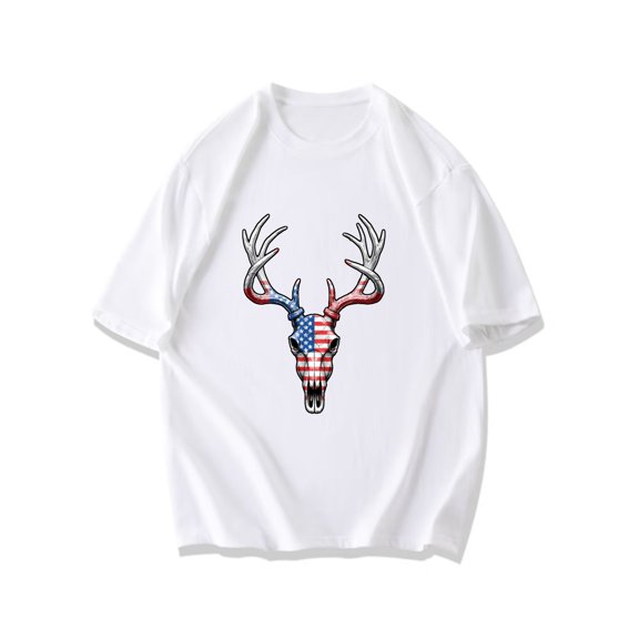 Black T Shirt With Flag Deer Skull Print For Casual Wear And Outdoor Activities