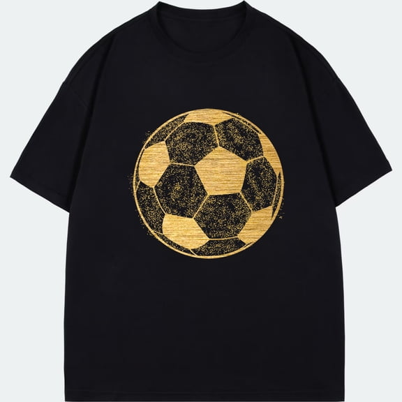 Black T Shirt With Gold Soccer Ball Print For Sports And Casual Wear