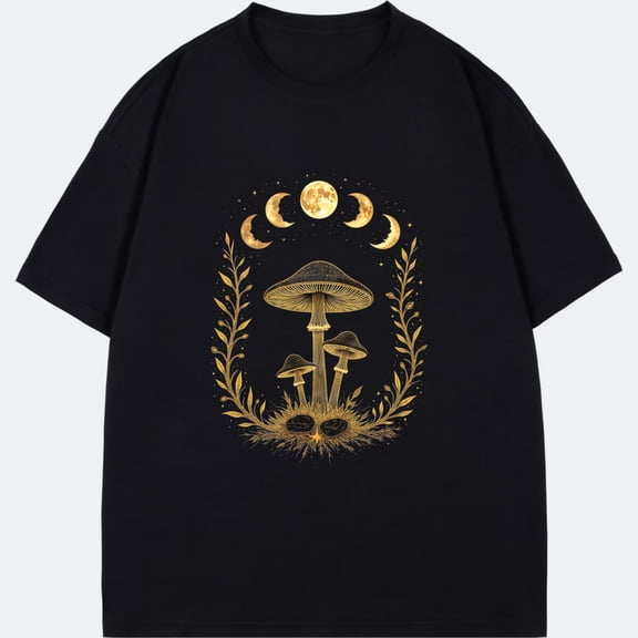 Black T-Shirt With Golden Mushroom And Moon Phases Design For Casual Wear
