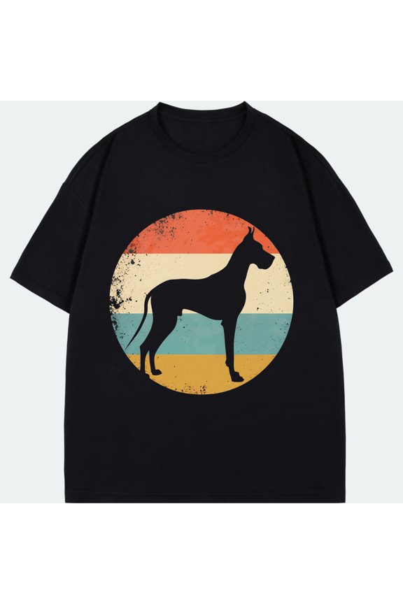 Black T Shirt With Great Dane Silhouette Vintage Sunset Design For Casual Wear