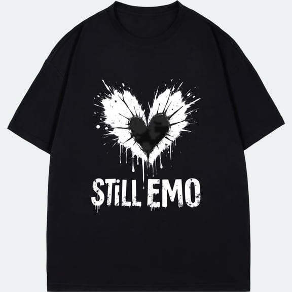 Black T Shirt With Heart Splash And Still Emo Text For Casual Wear