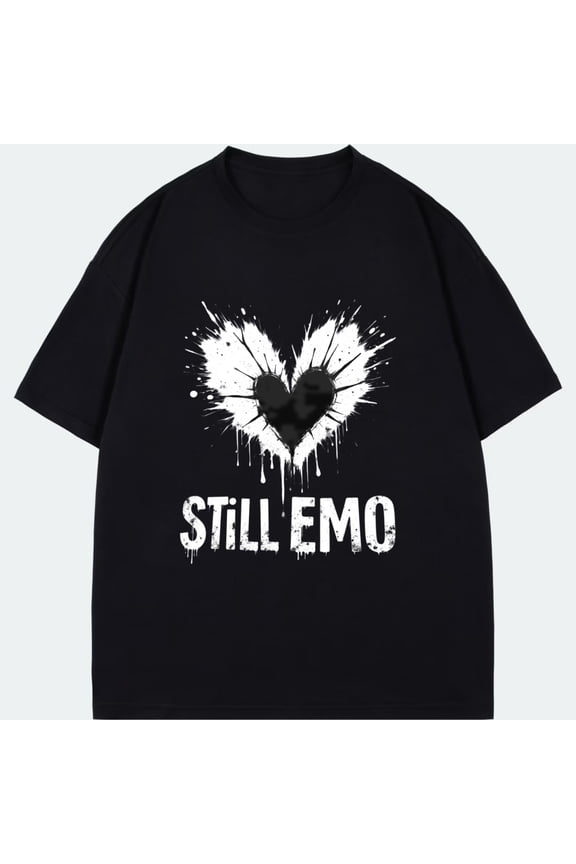 Black T Shirt With Heart Splash And Still Emo Text For Casual Wear