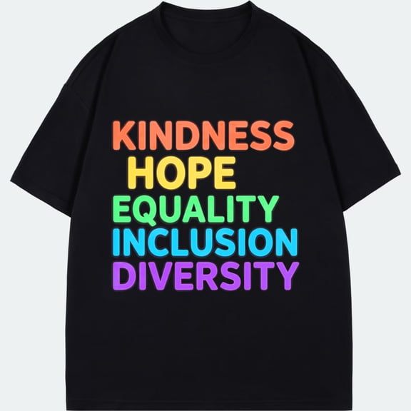 Black T Shirt With Kindness Hope Equality Inclusion Diversity Rainbow Text For Pride And Inclusive Events