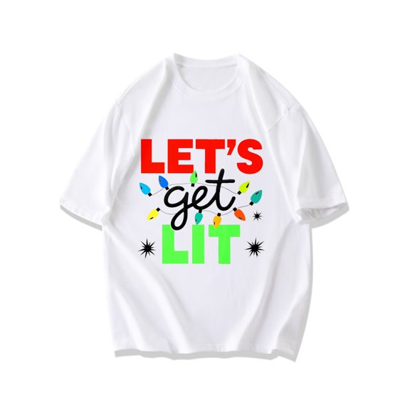 Black T Shirt With Let S Get Lit Christmas Lights And Stars Print For Holiday Party Seasonal Celebration