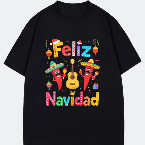 Black T Shirt With Mexican Christmas Design Featuring Peppers In Sombreros Guitar And Feliz Navidad Text For Holiday Celebration