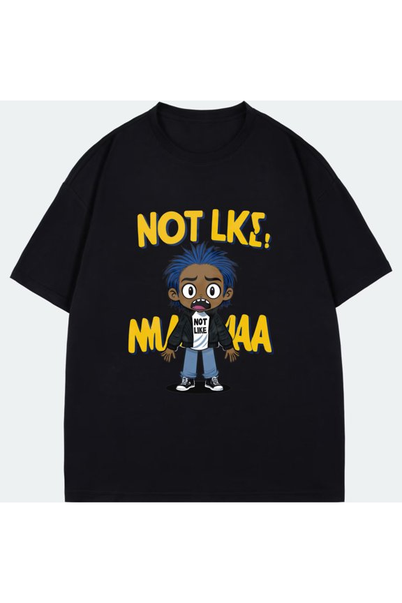 Black T Shirt With Not Like Mv Vaa Cartoon Character And Text Design For Casual Wear