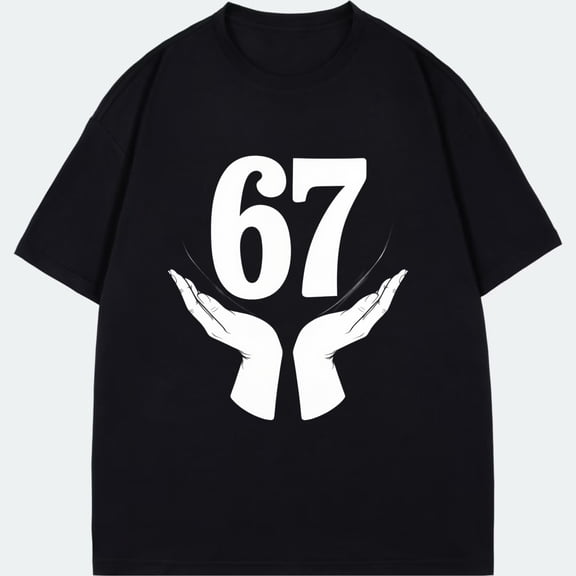 Black T Shirt With Number 67 And Hands Design For Casual Wear