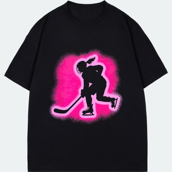 Black T Shirt With Pink Ice Hockey Player Silhouette Print For Sports And Casual Wear