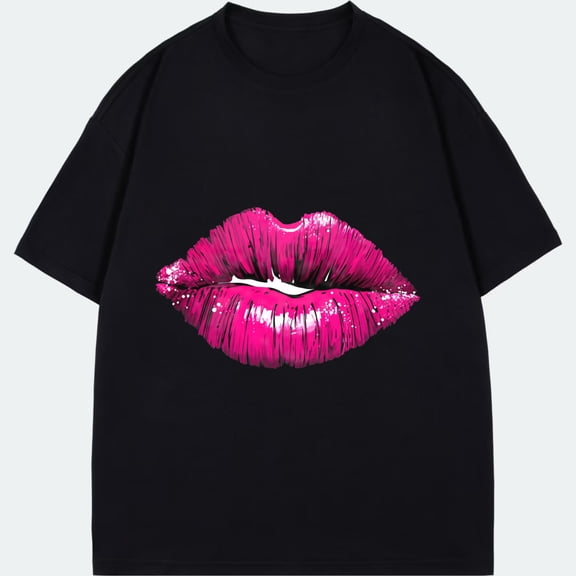 Black T Shirt With Pink Lips Print For Casual Wear