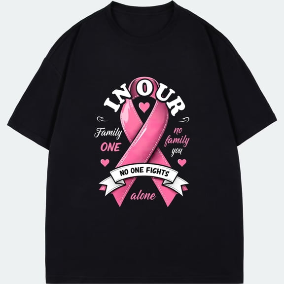 Black T Shirt With Pink Ribbon And Family Support Message For Breast Cancer Awareness Wear For Charity Events And Support Groups