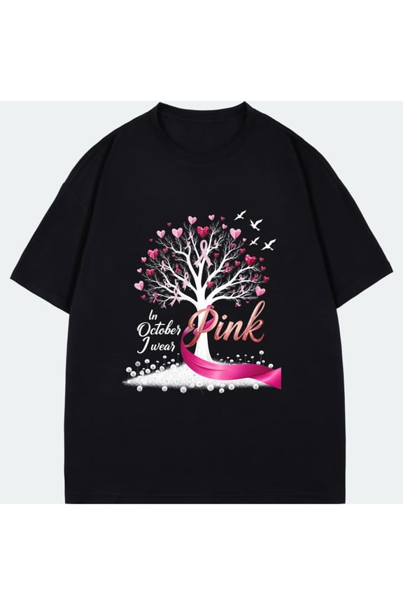 Black T Shirt With Pink Ribbon Tree And Hearts Print In October I Wear Pink Breast Cancer Awareness Design For Women Men Unisex Wear
