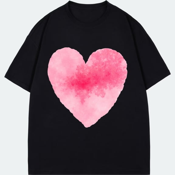 Black T Shirt With Pink Watercolor Heart Print For Casual Wear