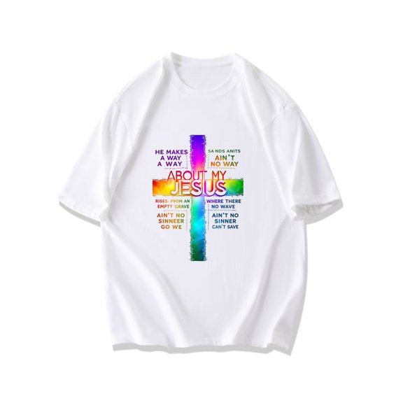 Black T Shirt With Rainbow Cross And Jesus Text Print For Religious Events And Faith Based Activities