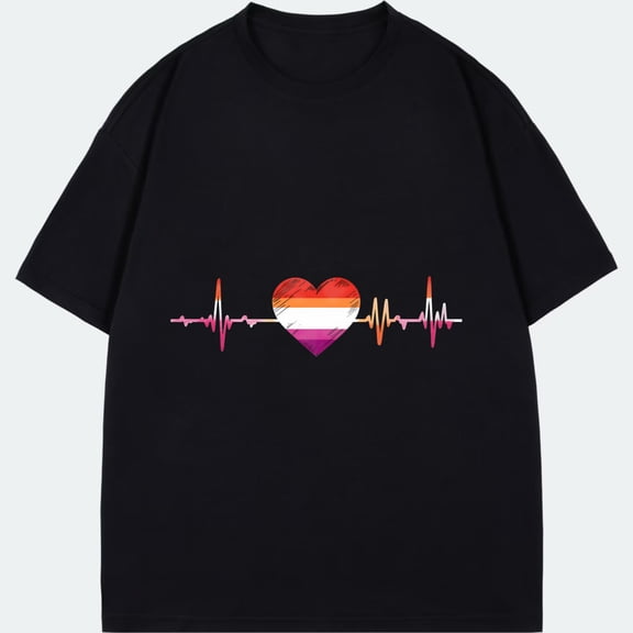 Black T-Shirt With Rainbow Heart And Ecg Pattern Print For Casual Wear