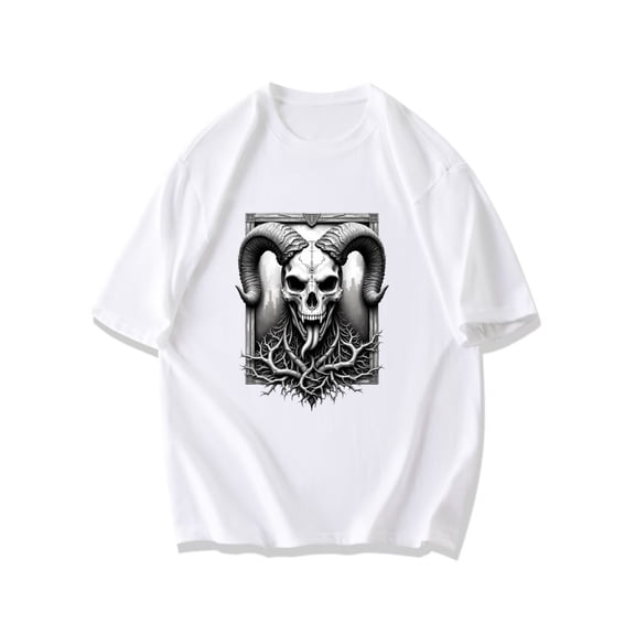 Black T-Shirt With Ram Skull And Roots Design For Casual Wear