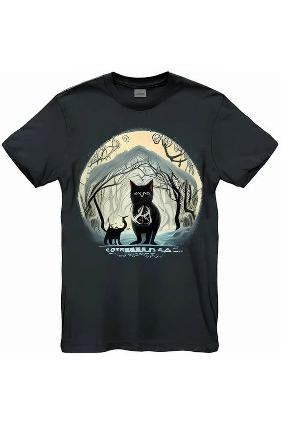 Black T-Shirt With Snowy Forest Graphic Moonlit Scene & Cats Cotopaxi, Unisex T-Shirt