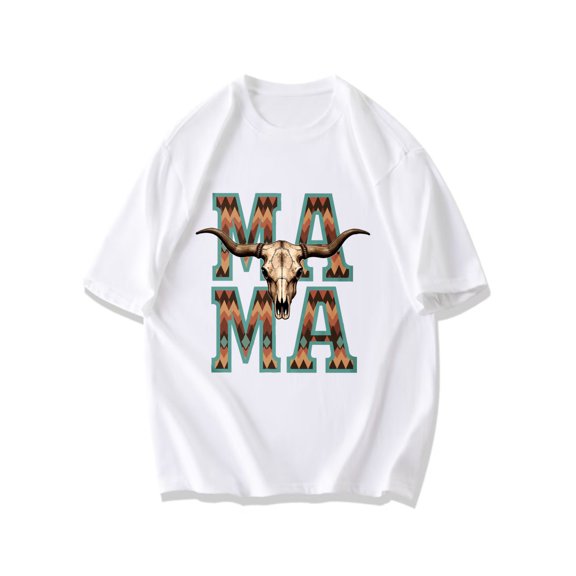 Black T Shirt With Tribal Mama Print And Bull Skull Design For Casual Wear