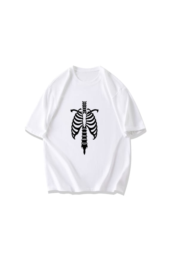 Black T Shirt With White Skeleton Rib Cage Print For Halloween Party And Casual Wear