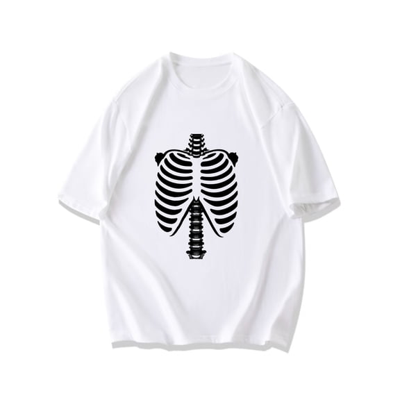 Black T Shirt With White Skeleton Rib Cage Print For Halloween Party And Casual Wear
