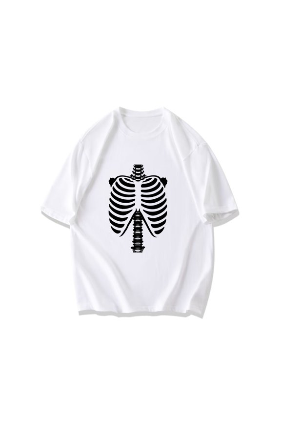 Black T Shirt With White Skeleton Rib Cage Print For Halloween Party And Casual Wear