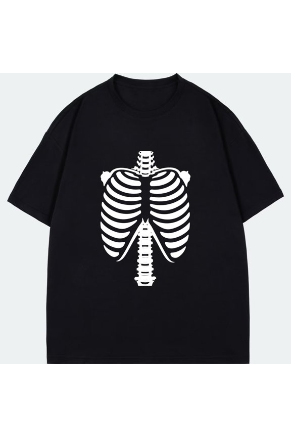 Black T Shirt With White Skeleton Rib Cage Print For Halloween Party And Casual Wear