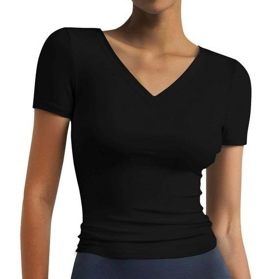 Black T Shirt Women, Comdrip Women's T Shirts Short Sleeve Color Block/Solid Tops Casual Summer Tees Short Sleeve Shirts for Women Black 2XL
