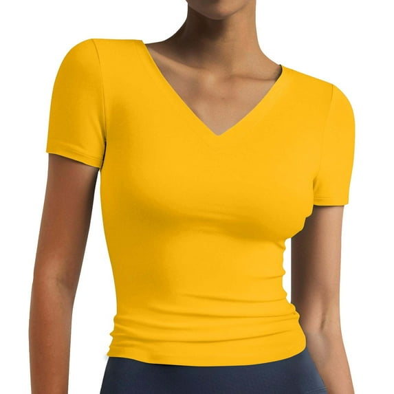 Black T Shirt Women, Comdrip Women's T Shirts Short Sleeve Color Block/Solid Tops Casual Summer Tees Short Sleeve Shirts for Women Yellow L