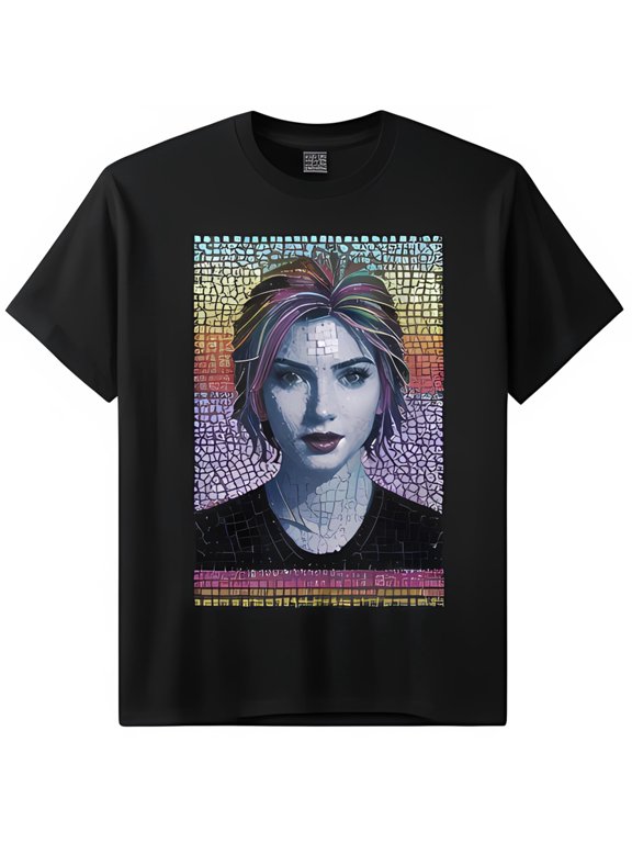 Black T-Shirt featuring Colorful Woman s Face with Hair