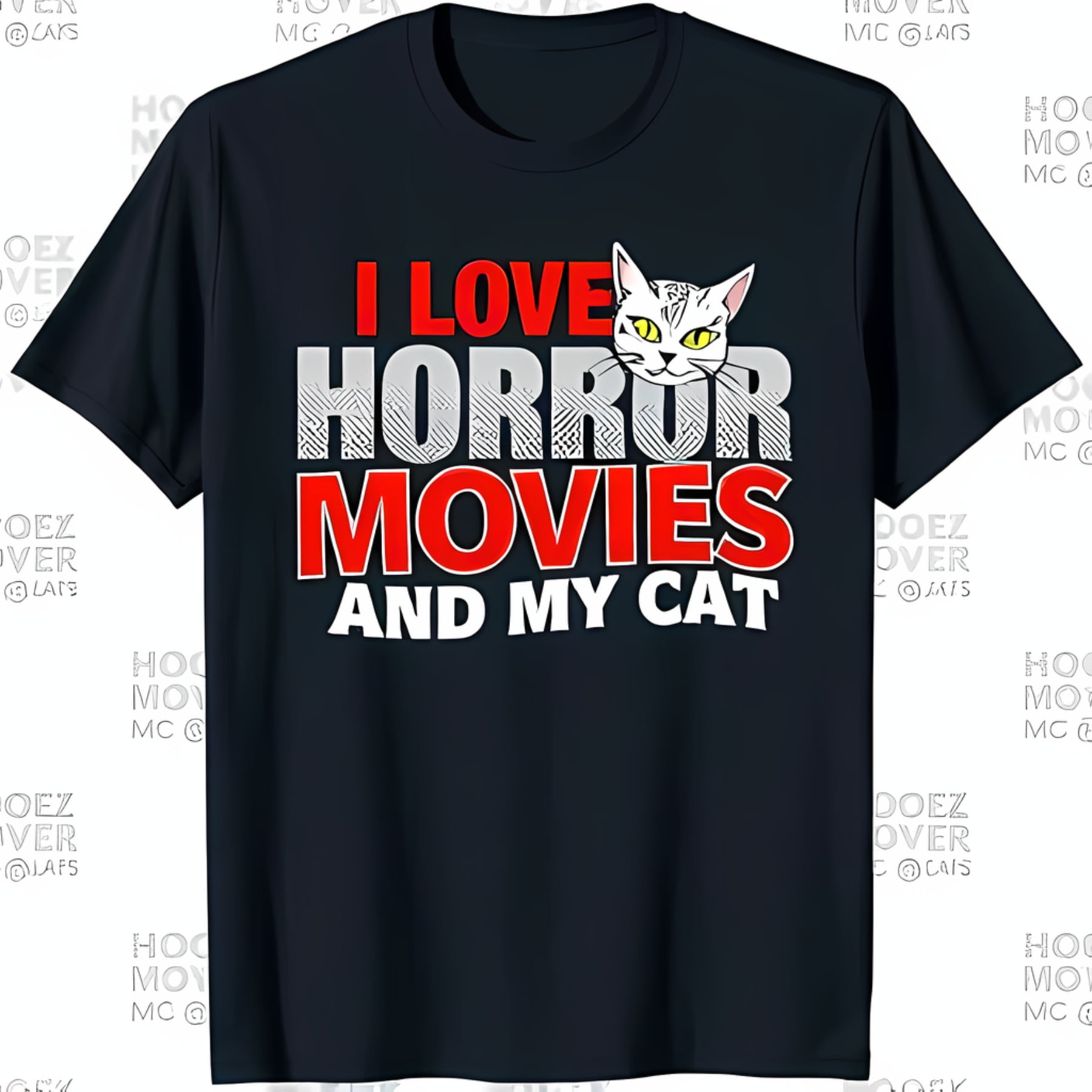Black TShirt for Cat Lovers 'I Love Horror Movies And My Cat' with