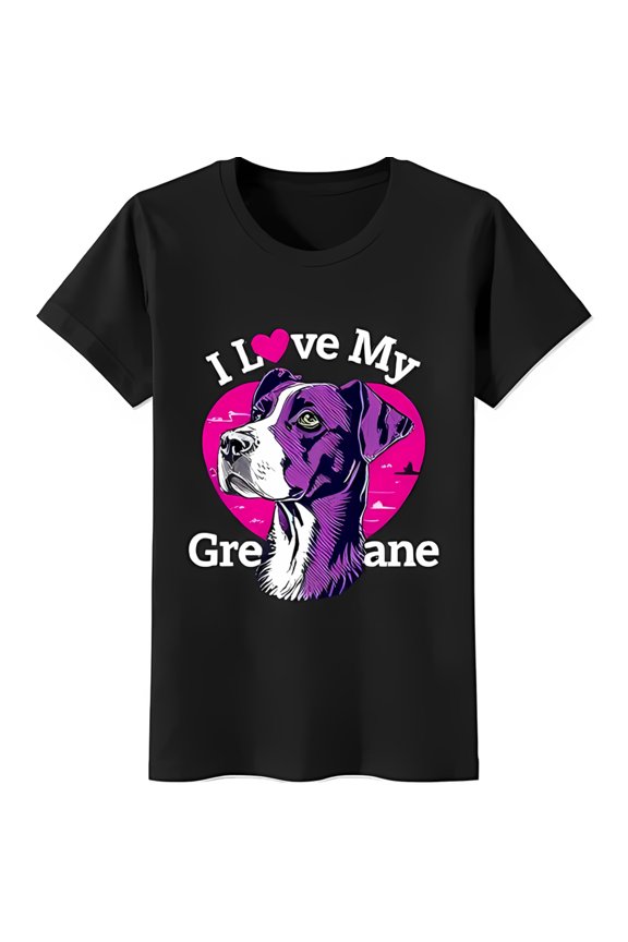 Black T-Shirt for Dog Lovers Cute Great Dane Head in Pink Heart 'I Love My Great Dane'