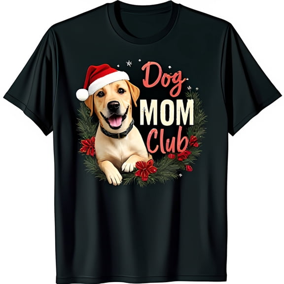 Black T-Shirt for Dog Lovers Cute Yellow Labrador in Santa Hat with Dog Mom Club Design