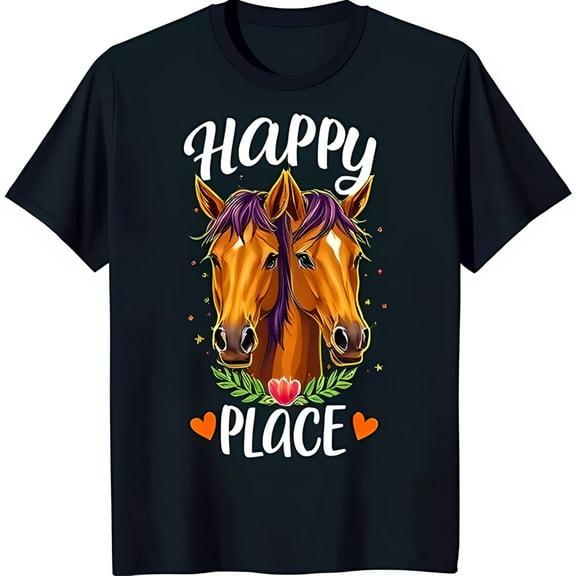 Black T-Shirt for Horse Lovers Two Brown Horses with Manes & Floral Wreath
