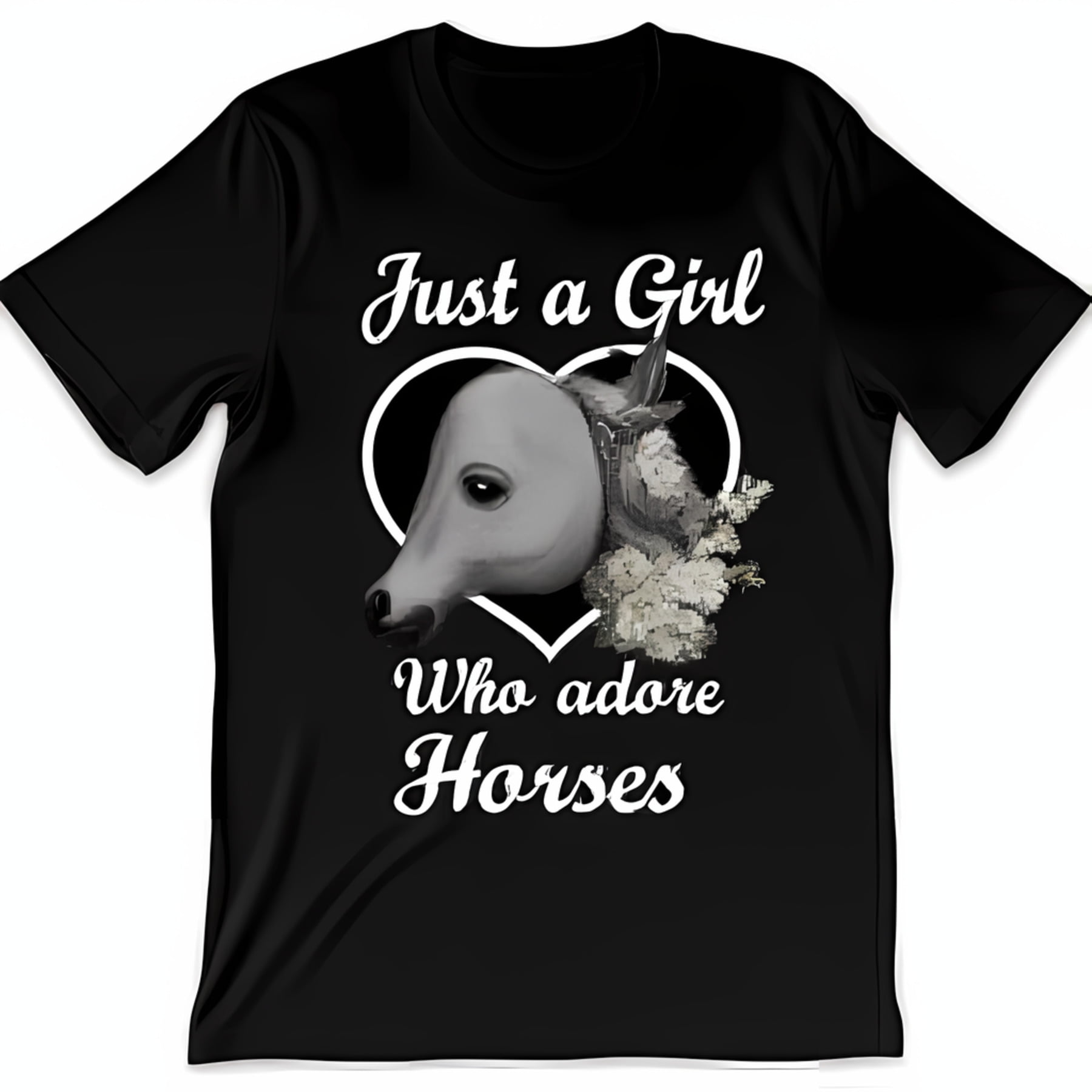 Black TShirt for Horse Lovers White Heart & Horse Head Design with