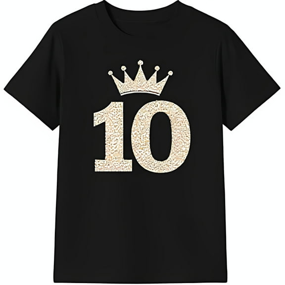Black T-Shirt for with Gold Crown & Number 10 Graphic Birthday