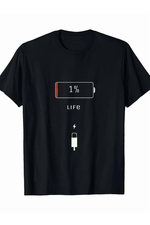 Black T-Shirt with 1% Battery Life Graphic - Casual Crew Neck, Short Sleeve,